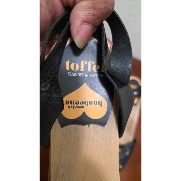 Swedish Hasbeens Women's Black Leather Peep-Toe Sandals Wooden Platform & Ankle - Picture 11 of 13